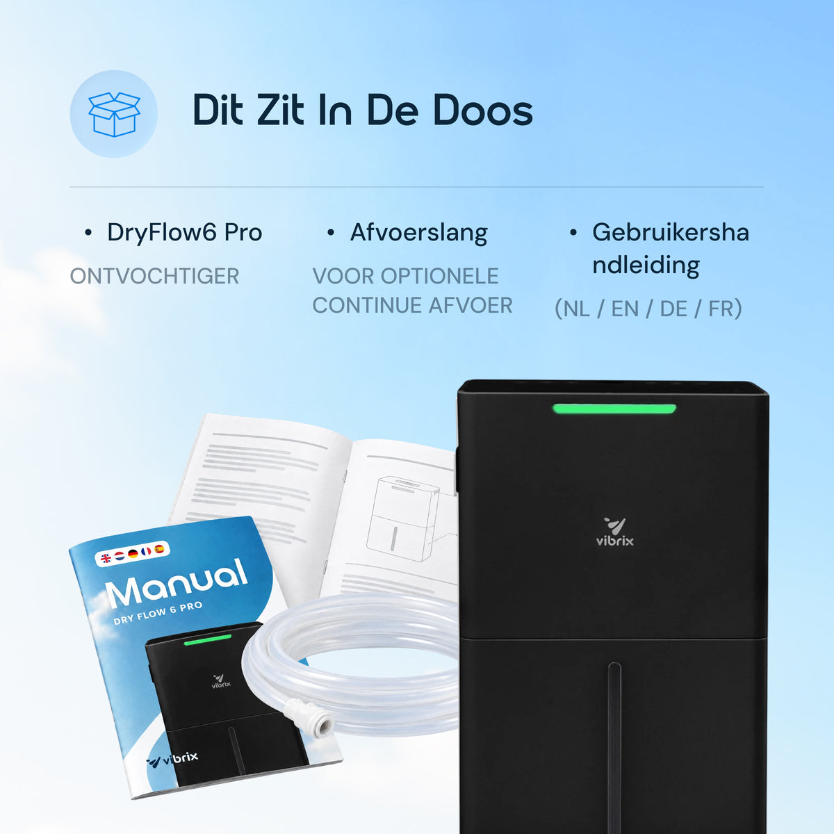 Vibrix DryFlow6 Pro luchtontvochtiger inhoud doos