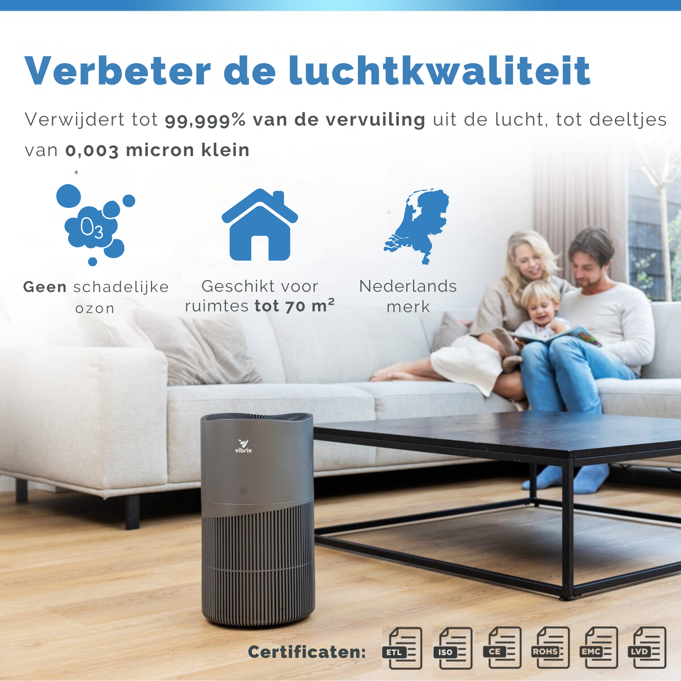 Vibrix Luchtreiniger Woonkamer - 70 m2 - HEPA Filter - Ionisator - Luchtfilter - Air Purifier - Air Cleaner - PureFlow70 Pro - CADR 468m3/h