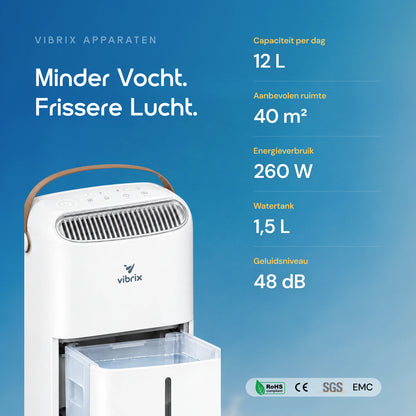 Vibrix DryFlow12 luchtontvochtiger specificaties 12 liter
