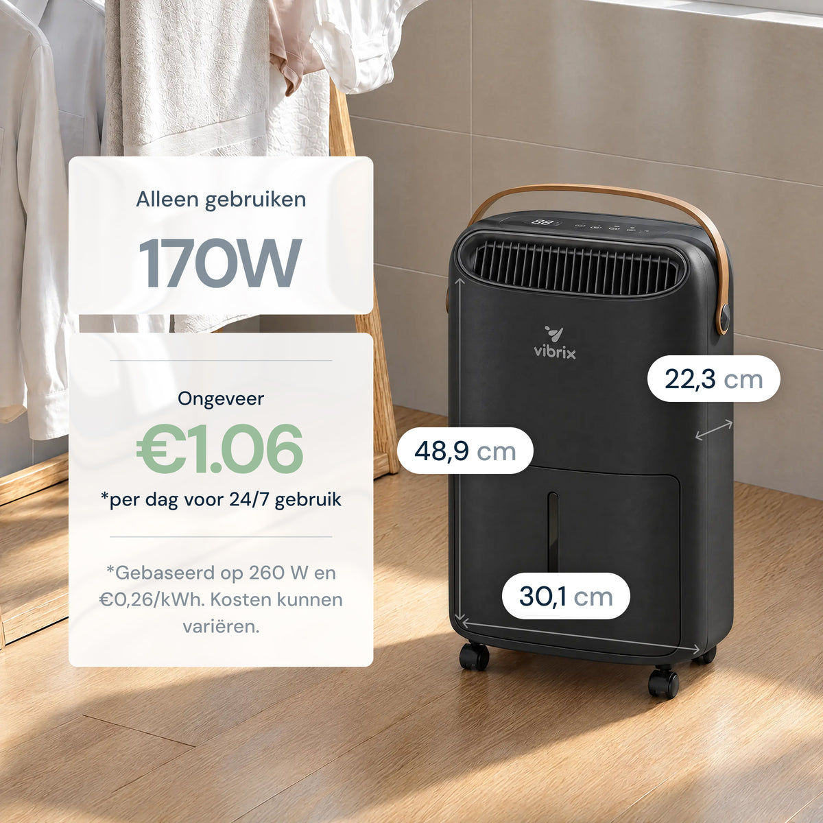 Vibrix DryFlow12 Pro luchtontvochtiger energiezuinig afmetingen
