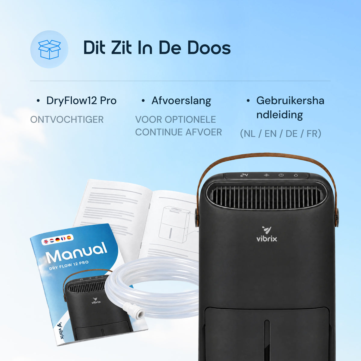 Vibrix DryFlow12 Pro luchtontvochtiger inhoud doos