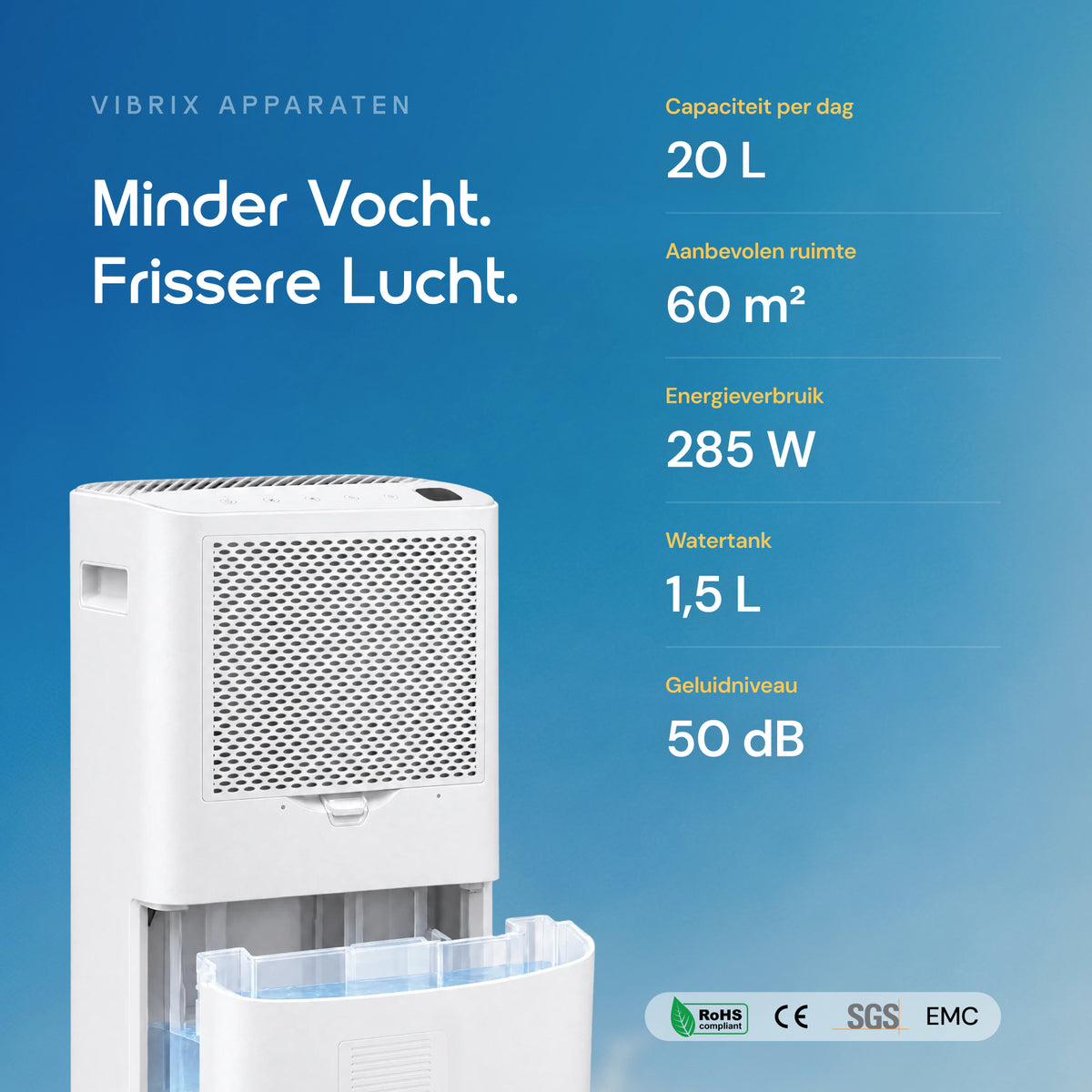 Vibrix DryFlow20 luchtontvochtiger specificaties 20 liter