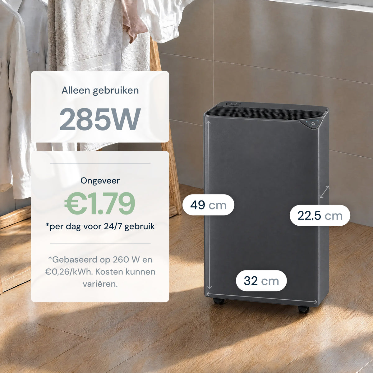 Vibrix DryFlow20 Pro luchtontvochtiger energiezuinig afmetingen