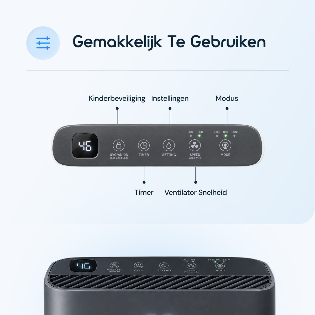 Vibrix DryFlow20 Pro luchtontvochtiger bedieningspaneel