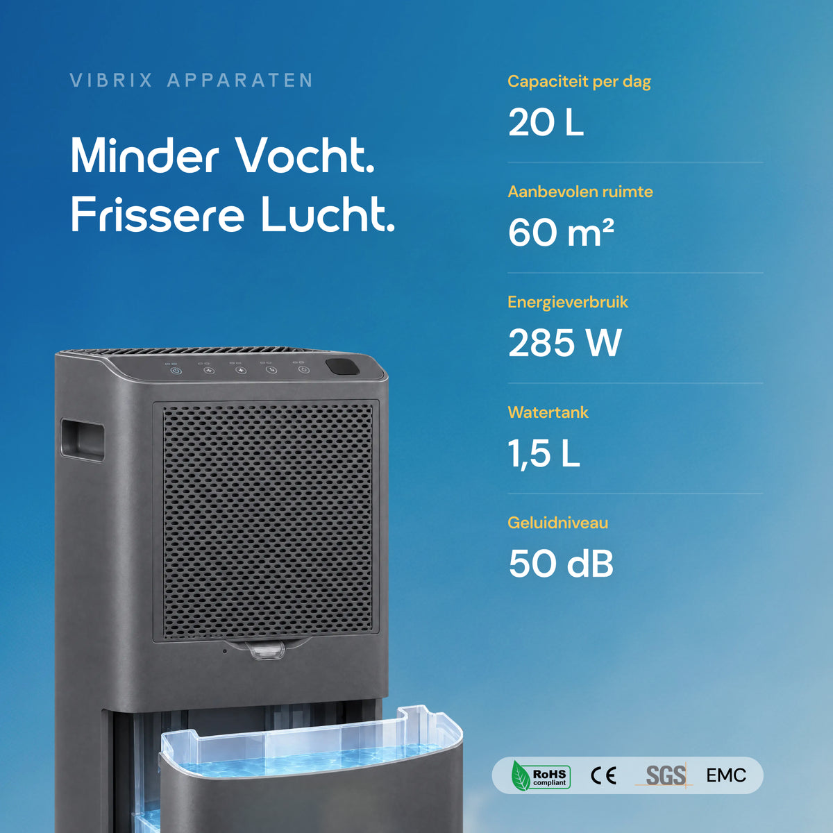 Vibrix DryFlow20 Pro luchtontvochtiger specificaties 20 liter