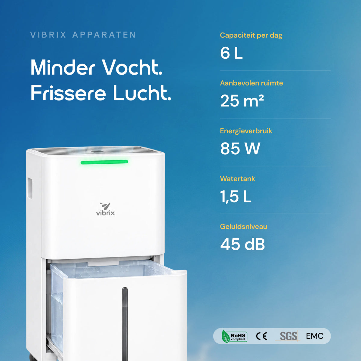 Vibrix DryFlow6 luchtontvochtiger specificaties 6 liter
