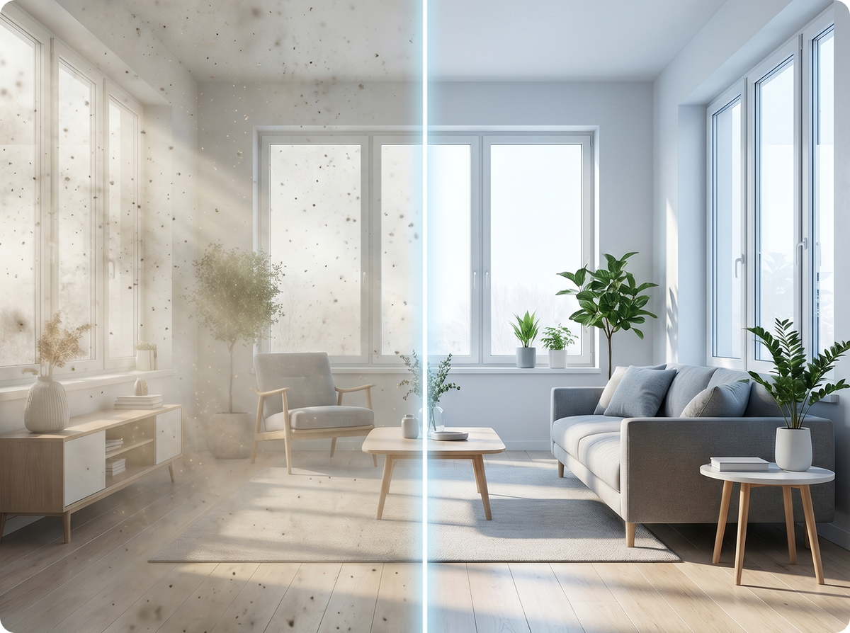 Woonkamer voor en na de Vibrix luchtreiniger: links stof en pollen in de lucht, rechts schone lucht