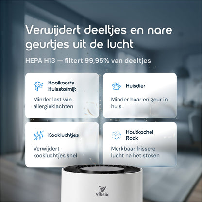 Vibrix PureFlow15 verwijdert pollen, huisstofmijt, huisdierhaar, kookluchtjes en houtkachelrook