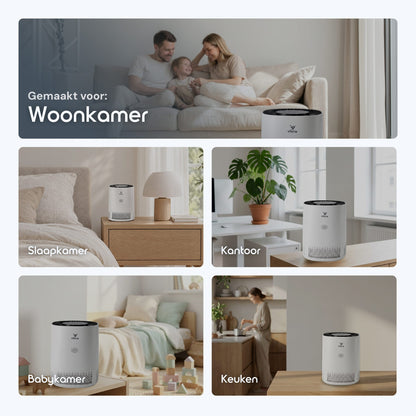 Vibrix PureFlow15 luchtreiniger in woonkamer, slaapkamer, kantoor, babykamer en keuken