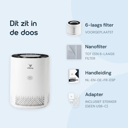 Inhoud van de doos Vibrix PureFlow15: luchtreiniger, voorgeplaatst 6-laags filter, handleiding en adapter