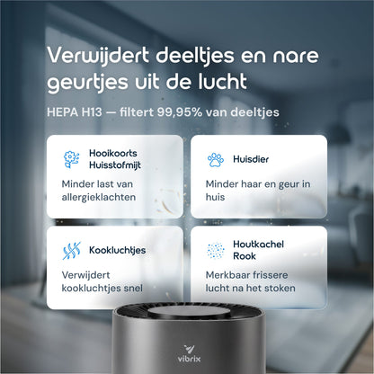 Vibrix PureFlow15 Pro verwijdert pollen, huisstofmijt, huisdierhaar, kookluchtjes en houtkachelrook