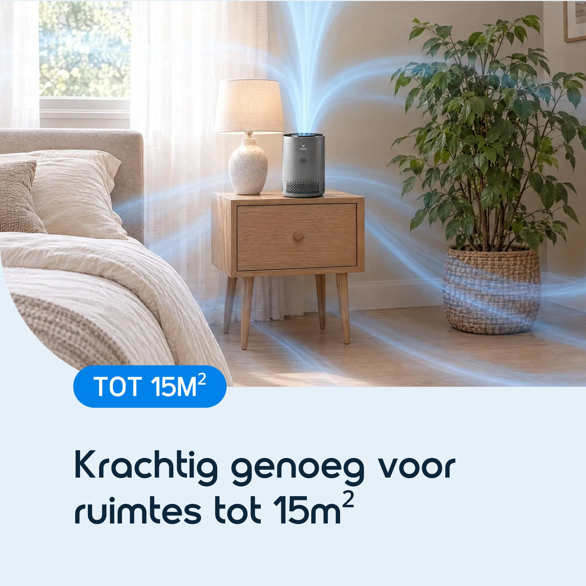 Vibrix PureFlow15 Pro luchtreiniger in de slaapkamer, geschikt voor ruimtes tot 15 m²