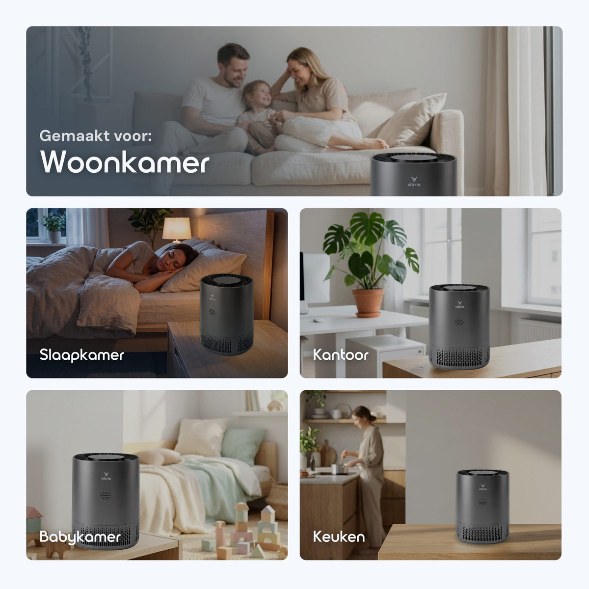Vibrix PureFlow15 Pro luchtreiniger in woonkamer, slaapkamer, kantoor, babykamer en keuken
