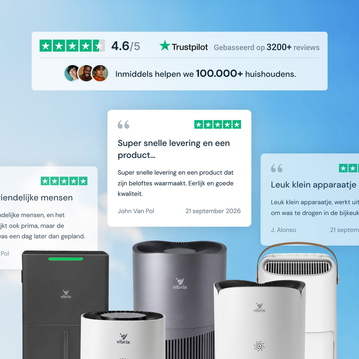 Vibrix luchtreinigers beoordeeld met 4,6 van 5 op Trustpilot op basis van ruim 3200 reviews