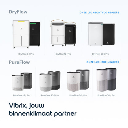 Assortiment Vibrix PureFlow luchtreinigers en DryFlow luchtontvochtigers