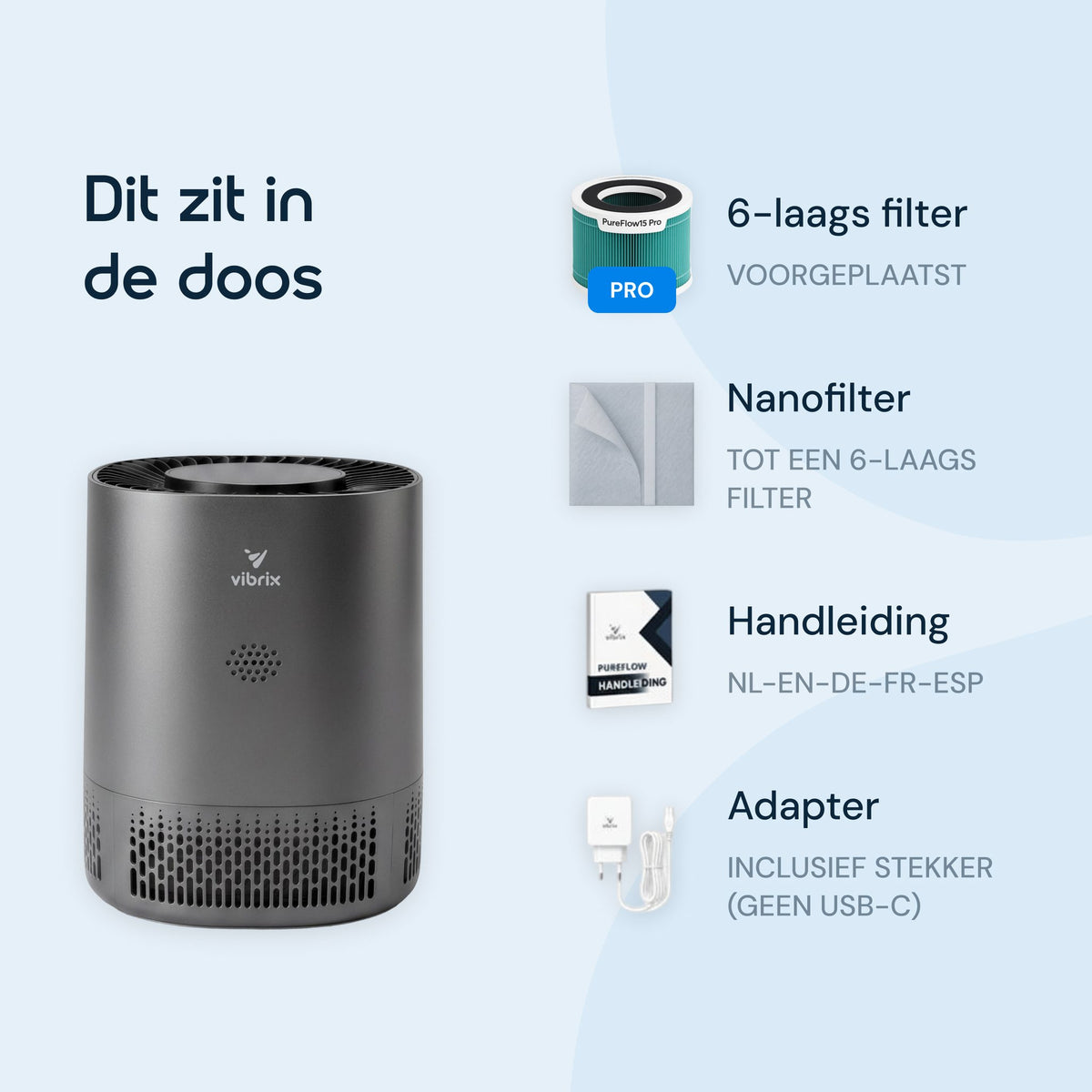 Inhoud van de doos Vibrix PureFlow15 Pro: luchtreiniger, voorgeplaatst 6-laags filter, handleiding en adapter
