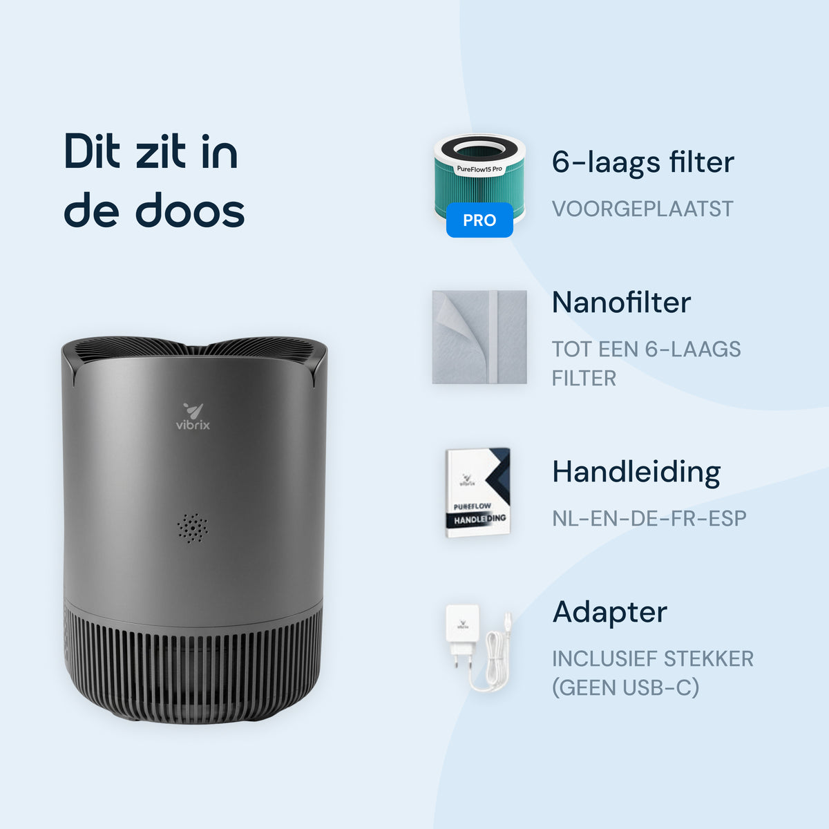 Vibrix PureFlow30 Pro luchtreiniger inhoud doos