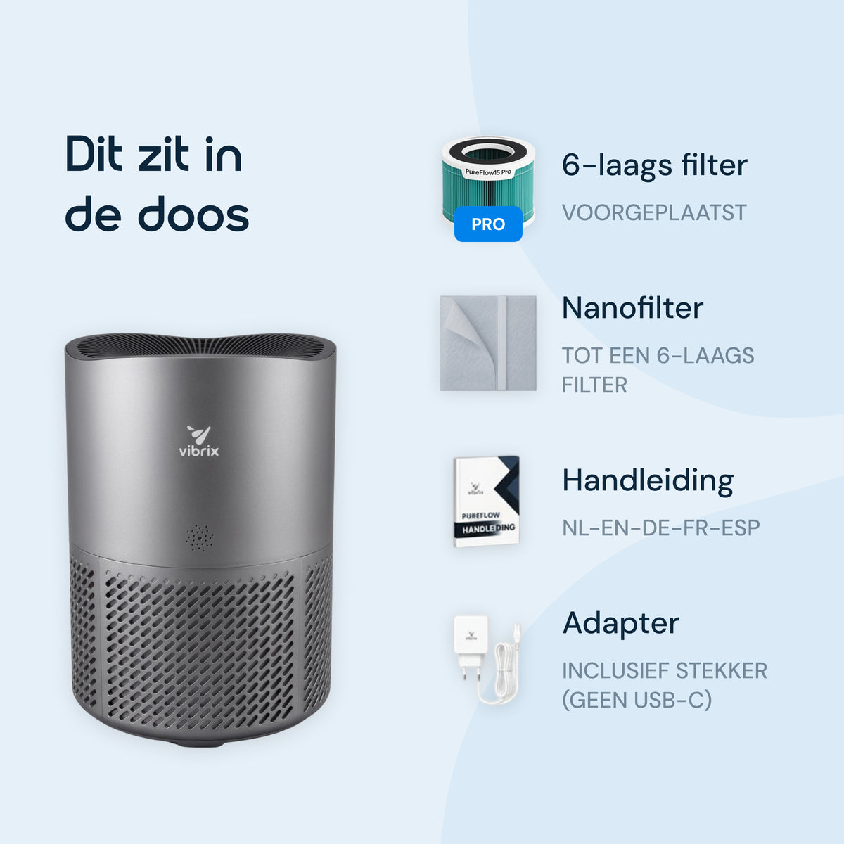 Vibrix PureFlow50 Pro luchtreiniger inhoud doos