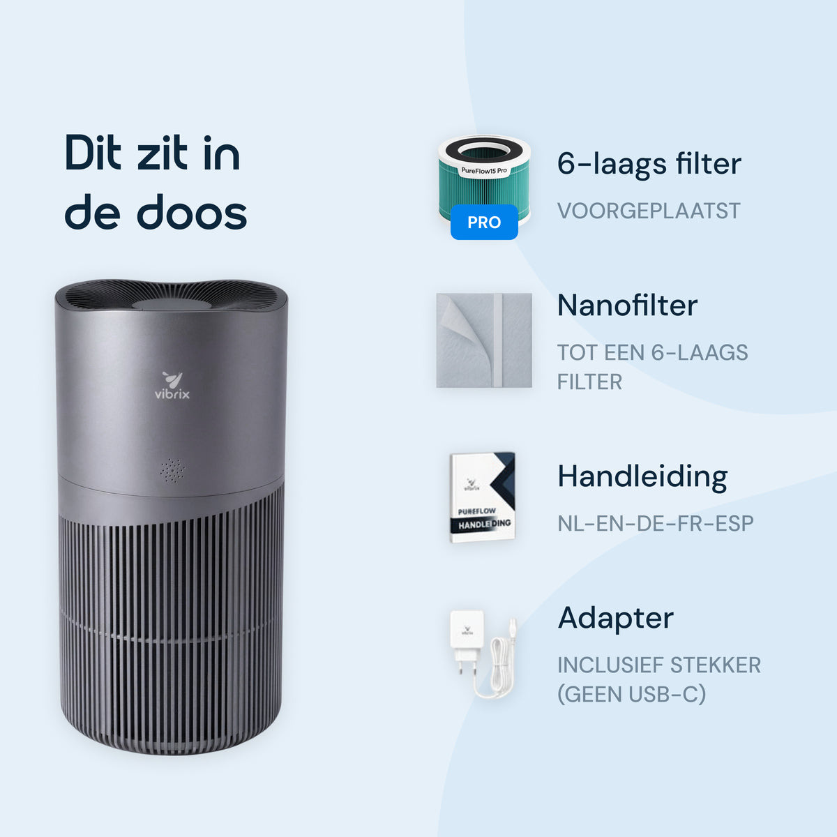 Vibrix PureFlow70 Pro luchtreiniger inhoud doos
